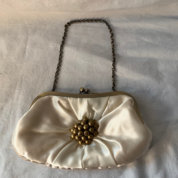 Other - Ivory Satin Clutch Evening Bag Embellished with Bauble Metal Clasp & Chain